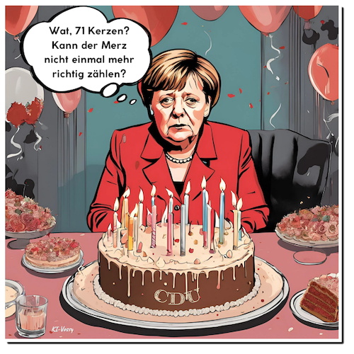 Cartoon: Die K-Frage (medium) by A Human tagged merkel,camilla,mountbatten,windsor,großbritannien,deutschland,cdu,hasselhoff,geburtstag,kerzen,geburtstagstorte,bundeskanzlerin,ki