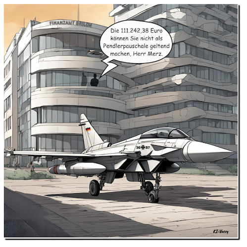 Cartoon: Euro-Merz (medium) by A Human tagged karikatur,cartoon,eurofighter,merz,steuererklärung,entfernungspauschale,pendlerpauschale,steuern,fdp,bundesfinanzminister,finanzminister,bierdeckel,finanzamt,brilon,cdu,ki,deutschland
