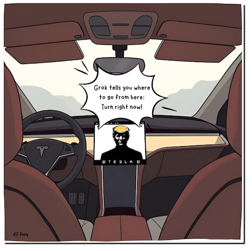 Cartoon: Hacked Tesla (medium) by A Human tagged tesla,musk,trump,grok,usa,ai,chatbot,chatgpt,antisemitisch,antisemitic,hacked,ki,tesla,musk,trump,grok,usa,ai,chatbot,chatgpt,antisemitisch,antisemitic,hacked,ki