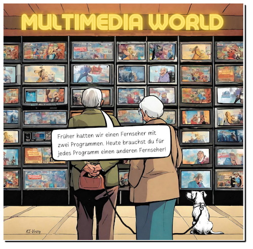Cartoon: Keinen Durchblick (medium) by A Human tagged ifa,tv,lcd,oled,funkausstellung,fernseher,fernsehgerät,haushalt,deutschland,hörfunkgerät,radio,funkturm,rbb,programme,fernsehprogramme,sender,show,multimedia,multimediashow,unterhaltung,entertainment
