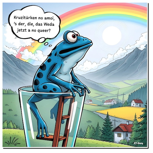Cartoon: Regenbogenphobie (medium) by A Human tagged regenbogen,queer,afd,bayern,verbot,regenbogenfahne,frosch,wetterfrosch,minderheiten,menschenrechte,schwul,lesbisch,divers,regenbogen,queer,afd,bayern,verbot,regenbogenfahne,frosch,wetterfrosch