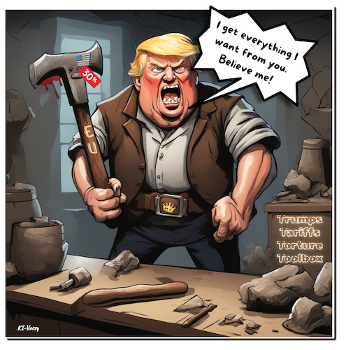 Cartoon: Tariff Torture (medium) by A Human tagged trump,tariff,usa,mexico,eu,europe,union,torture,toolbox,imports,trade,trading,deal,zölle,tariffs,zoll,zollschranke,trump,tariff,usa,mexico,eu,europe,union,torture,toolbox,imports,trade,trading,deal