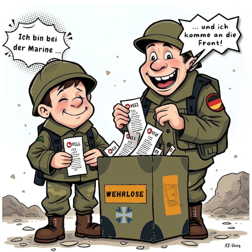 Cartoon: Wehrlos (medium) by A Human tagged wehrdienst,ersatzdienst,soldat,soldaten,bundeswehr,verteidigungsminister,krieg,frieden,lotteries,wehrlose,bundeswehrlos,pistorius,koaltion,regierung,cdu,spd,csu,söder,musterung,losentscheid,losen,los,lose,militär,verteidigung,marine,front,losverfahren,wehrdienst,ersatzdienst,soldat,soldaten,bundeswehr,verteidigungsminister,krieg,frieden,lotteries,wehrlose,bundeswehrlos,pistorius,koaltion,regierung,cdu,spd,csu,söder,musterung,losentscheid,losen,los,lose,militär,verteidigung,marine,front,bundesmarine,luftwaffe,wehren,wehrübung
