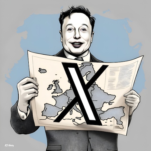 Cartoon: X-Europe (medium) by KI-Vossy tagged elon,musk,twitter,european,union,eu,usa,comission,fine,billionaire,abolished,europäische,transparenz,intransparent,kommison,milliardär,elon,musk,twitter,european,union,eu,usa,comission,fine,billionaire,abolished,europäische,transparenz,intransparent,kommison,milliardär