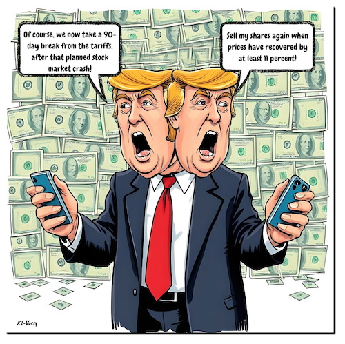 Cartoon: Janus Trump (medium) by A Human tagged trump,donald,stocks,stockmarket,aktien,zölle,zollkrieg,china,billions,präsident,president,wallstreet,krise,crisis,plan,trump,donald,stocks,stockmarket,aktien,zölle,zollkrieg,china,billions,präsident,president,wallstreet,krise,crisis,plan
