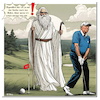 Cartoon: So help me God (small) by A Human tagged karikaturist,karikatur,kikarikatur,kikatur,joebiden,biden,uspräsident,wahlkampf,gott,god,abcnews,trump,donaldtrump,golf,golfkurs,usa,ki