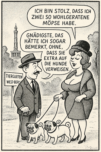 Cartoon: Anzügliches im Anzug (medium) by ArtyFicial tagged brd,bundesrepublik,deutschland,berlin,west,1960,tiergarten,park,plauderei,mann,frau,möpse,frivol,anzüglich