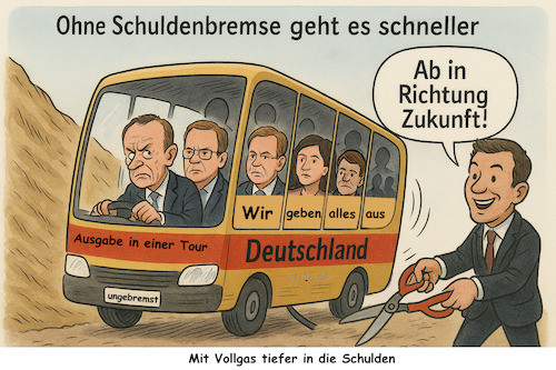 Cartoon: Ausgabentournee (medium) by ArtyFicial tagged bund,bundesregierung,regierung,merz,kabinett,klingbeil,schuldenbremse,rekordverschuldung,sondervermögen,ausgabenrekord,finanzen