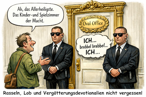 Cartoon: Besucher (medium) by ArtyFicial tagged usa,white,house,weißes,haus,trump,oval,office,kind,kindlich,kleinkind,rasseln,egozentrik,besucher,spielzeug,lob,vergötterung,devotionalien,geschenke,unterwerfung,vergötterungsdevotionalien,schleim,schleimspur,arroganz,macht,kinderzimmer,spielzimmer,weltpolitik,geopolitik,strategie,impuls,impulsivität,kinderkram