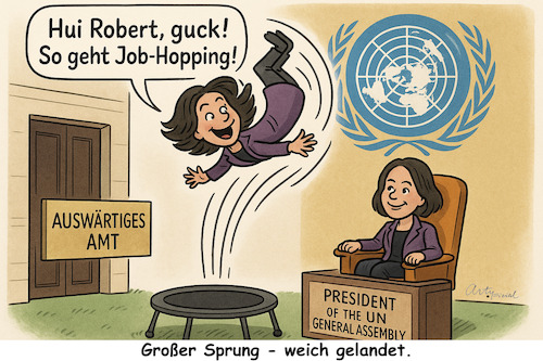 Cartoon: BYE-BYE Annalena (medium) by ArtyFicial tagged baerbock,außenministerium,auswärtiges,amt,job,hopping,uno,generalversammlung,präsidentin,bye