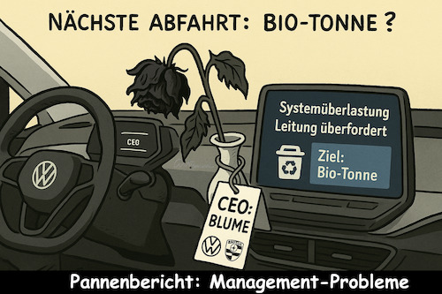 Durch die Blume (medium) Cartoon: Durch die Blume (medium) by ArtyFicial tagged auto,automobilbranche,elektrofahrzeuge,mobilität,blume,vw,volkswagen,porsche,audi,konzern,management,fehler