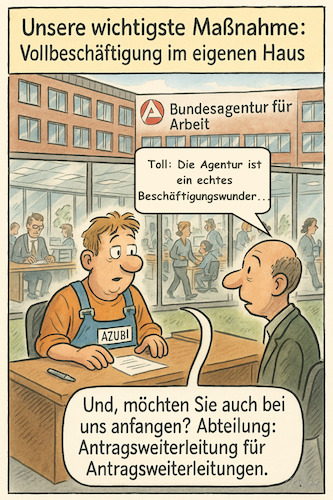 Cartoon: Ein Wunder (medium) by ArtyFicial tagged arbeit,agentur,für,moloch,beschäftigte,effizienz,ineffizenz,nahles,beschäftigung,beschäftigungswunder,bürokratie,selbstbeschäftigung