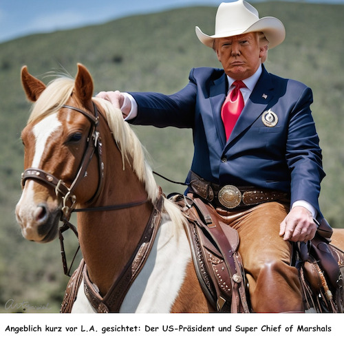 Cartoon: Go West to L.A. (medium) by ArtyFicial tagged cowboy,trump,sheriff,marshal,los,angeles,kalifornien
