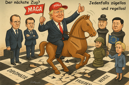 Cartoon: Hü-hott (medium) by ArtyFicial tagged trump,strategie,verhalten,irrational,affektiv,zügellos,regellos,springer,schach,schachbrett,international,nächster,zug,unvorhersehbar,hü,hott