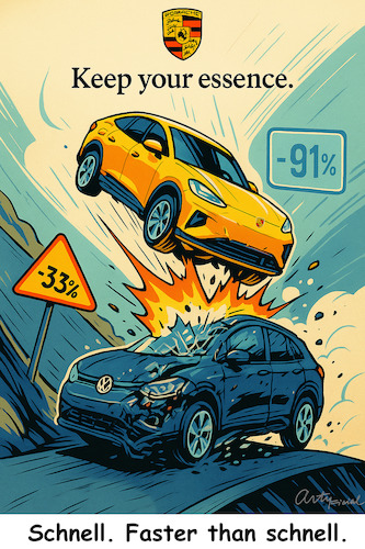 Cartoon: Imagewandel (medium) by ArtyFicial tagged vw,volkswagen,porsche,gewinneinbruch,delle,umsatzrückgang,probleme,krise,2025,automobilbranche,elektrofahrzeuge