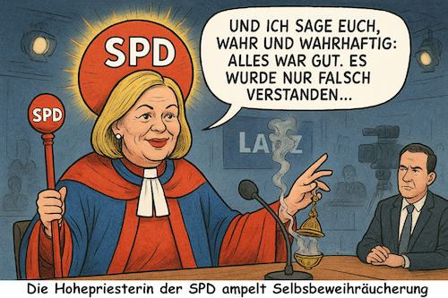Innenministerin ist ein Hochamt (medium) Cartoon: Innenministerin ist ein Hochamt (medium) by ArtyFicial tagged nancy,faeser,bundesinnenministerium,innenministerium,bundesinneminister,bundesinneministerin,innenminister,innenministerin,versagen,selbsbeweihräucherung,spd,ampel,talkshow,talk,show,lanz,zdf,peinlich,geschwätzig,laberei,uneinsichtig,kaschieren,eigenlob,selbstlob,realitätsfern