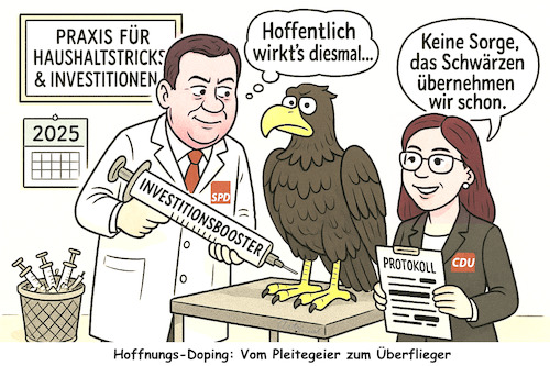 Cartoon: Investitionsbooster (medium) by ArtyFicial tagged investition,investitionsbooster,bundesrepublik,deutschland,spd,cdu,klingbeil,hoffnung,doping,keynsianismus,neuverschuldung,rekord,sondervermögen