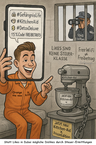Cartoon: Knast statt Dubai (medium) by ArtyFicial tagged influencer,steuern,steuerbetrug,nrw,dubai,knast,fahndung,steuerprüfung,steuerfahndung,illegalität,strafe,justiz,skandal
