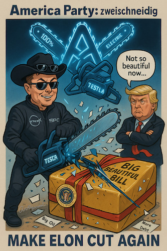 Cartoon: Massaker Party (medium) by ArtyFicial tagged trump,musk,america,party,big,beautiful,bill,demokraten,republikaner,einparteiensystem,zweiparteiensystem,kettensäge
