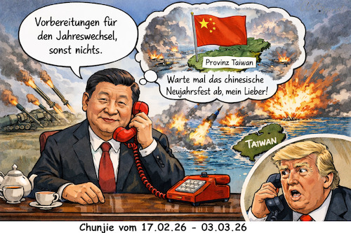 Cartoon: Prosit Neujahr (medium) by ArtyFicial tagged china,taiwan,usa,xi,trump,manöver,militärmanöver,militär,neujahr,chinesisches,jahreswechsel,2025,2026