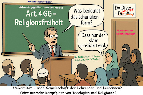 Cartoon: Spiegelbild der Gesellschaft (medium) by ArtyFicial tagged universität,parallelgesellschaften,scharia,religion,säkularität,weltanschauung,ideologie,philosophie,macht,konflikte