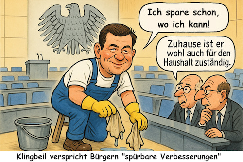 Cartoon: Spürbare Verbesserungen (medium) by ArtyFicial tagged klingbeil,haushalt,investitionen,sparen,schulden