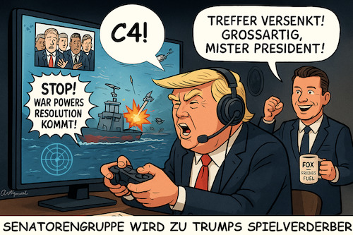 Cartoon: Tödlicher Toyboy (medium) by ArtyFicial tagged usa,trump,hegseth,venezuela,maduro,war,powers,resolution,schiffe,versenken,battleship,flugzeugträger,flotte,drogen,kriminalität,drogenkampf