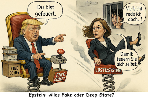 Cartoon: Trump feuert Comey (medium) by ArtyFicial tagged trump,epstein,comey,gerüchte,skandal,deep,state,maga,usa,präsident