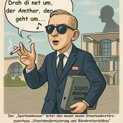 Cartoon: Viel Staat zu machen (medium) by ArtyFicial tagged cdu,regierung,amthor,merz,sparkommissar