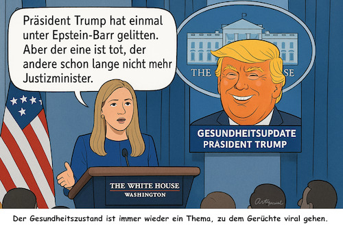 Cartoon: White House News (medium) by ArtyFicial tagged trump,gesundheit,gesundheitszustand,white,house,news,update,weißes,haus,epstein,fall,skandal,barr,justizminister