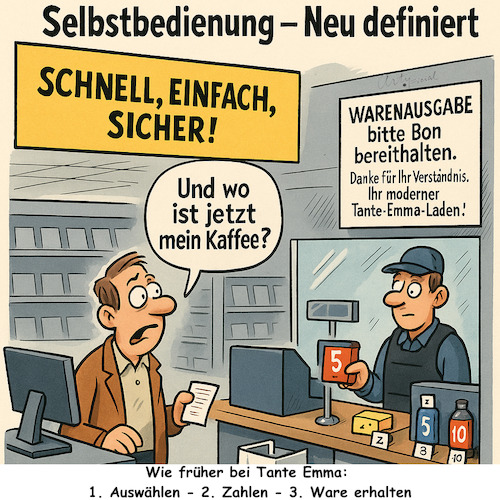 Cartoon: Wie früher (medium) by ArtyFicial tagged sb,selbstbedienung,selbstbereicherung,diebstahl,ladendiebstahl,supermarkt,tante,emma