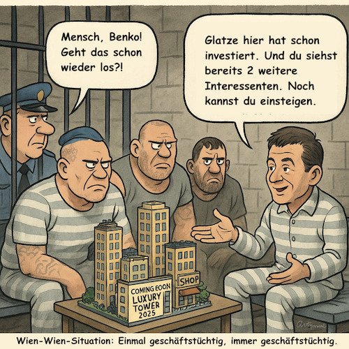 Cartoon: Wiener Schmäh (medium) by ArtyFicial tagged signa,pleite,insolvenz,wirtschaftsskandal,benko,untersuchungshaft,wien