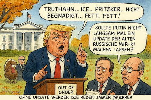 Cartoon: Wladi - Update bitte (medium) by ArtyFicial tagged mir,russland,putin,ki,usa,präsident,potus,trump,äußerungen,wirr,irr,update,ai,künstliche,intelligenz,artificial,intelligence,überaltert,veraltet,bug,bugs,fehler,fehleranfällig,chaos,verwirrung,geld,fremdsteuerung
