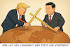 Cartoon: Abgabe um Abgabe. Zoll um Zoll. (small) by ArtyFicial tagged usa,china,trump,xi,jiping,zoll,handel,tot,terms,of,trade,tarifäre,nicht,handelshemmnisse,exportkontrolle,welthandel,globalisation,waren,dienstleistungen,währungen,devisen,import,export,auswirkungen,duell,schäden,kollateralschäden