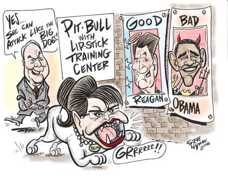Cartoon: Palin LipStick on a PitBull (medium) by Steve Nyman tagged sarah,palin,lipstick,pitbull,vp,mccain,election,republican