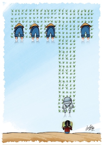 Cartoon: 4-The era of AI (medium) by YL tagged ai,rice,farming,robots,labor