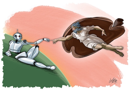 Cartoon: Genesis (medium) by YL tagged genesis,age,of,ai,humans,and,machines,replacing