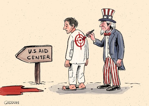 Cartoon: At the U.S. Aid Center (medium) by Ahmad Qaddura tagged gaza