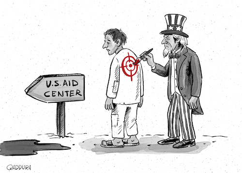 Cartoon: At the U.S. Aid Center (medium) by Ahmad Qaddura tagged gaza