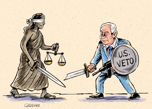 Cartoon: Justice vs. Netanyahu and the U. (medium) by Ahmad Qaddura tagged netanyahu