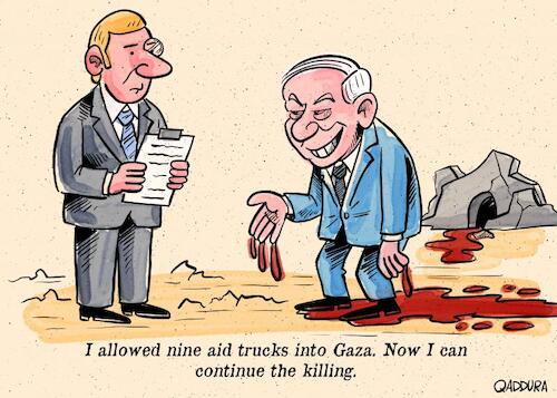 Cartoon: Nine Aid Trucks (medium) by Ahmad Qaddura tagged gaza