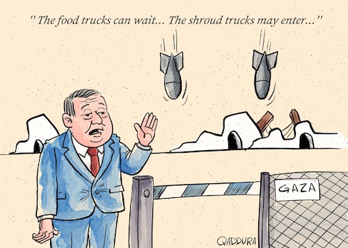 Cartoon: Starvation .The International Co (medium) by Ahmad Qaddura tagged gaza