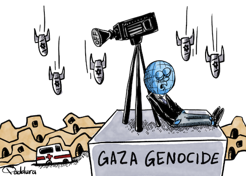 Cartoon: The genocide is still ongoing (medium) by Ahmad Qaddura tagged gaza