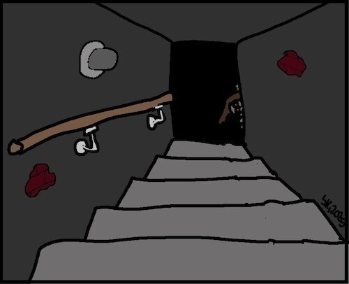 Cartoon: Keller des Grauens... (medium) by Horrorkritzler tagged keller,grauen,monster,geist,angst,dunkelheit,horror,grusel,schauder,unbehagen,furcht,beklemmung,treppe