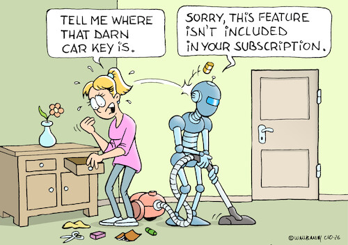 Cartoon: A stubborn robot (medium) by Rovey tagged robot,vacuum,humanoid,service,stubbornness,starsinn,uncooperative,household,car,keys,searching,forgotten,lost,loss,stress,carelessness,housekeeper,woman,apartment,digitalization,subscription,features,cartoon,illustration,drawing,handmade,humanmade,handdrawn,ohneki,noai,robot,vacuum,humanoid,service,stubbornness,starsinn,uncooperative,household,car,keys,searching,forgotten,lost,loss,stress,carelessness,housekeeper,woman,apartment,digitalization,subscription,features,cartoon,illustration,drawing,handmade,humanmade,handdrawn,ohneki,noai