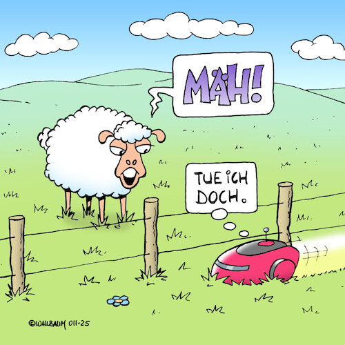 Cartoon: Sprach das Schaf zum Roboter... (medium) by Rovey tagged wiese,weide,rasen,gras,schaf,tier,roboter,mähroboter,rasenmäher,automatik,ki,künstliche,intelligenz,kommunikation,missverständnis,digitalisierung,digital,landwirtschaft,landschaft,natur,grün,zaun,illustration,cartoon,wiese,weide,rasen,gras,schaf,tier,roboter,mähroboter,rasenmäher,automatik,ki,künstliche,intelligenz,kommunikation,missverständnis,digitalisierung,digital,landwirtschaft,landschaft,natur,grün,zaun,illustration,cartoon