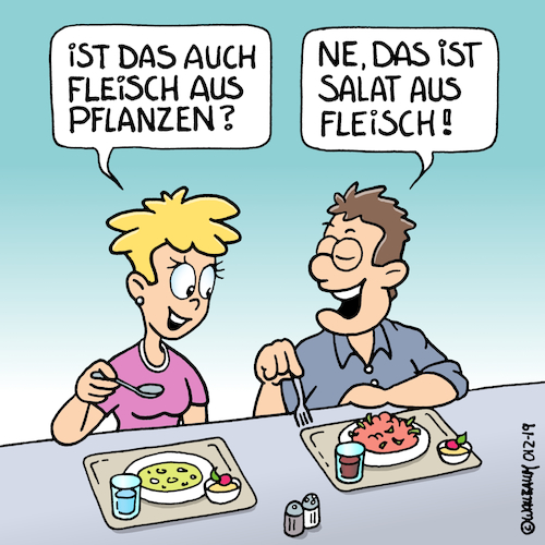 Cartoon: Tierisch lecker (medium) by Rovey tagged essen,vegetarisch,vegetarismus,vegetarier,veganer,veggieburger,fleisch,aus,pflanzen,fleischesser,mahlzeit,salat,menü,mensa,kantine,mann,frau,gespräch,food,trend,lifestyle,ökologisch,umwelt,umweltfreundlich,klimafreundlich,gesundheit,gesund,gesundheitsbewusst,geschmack,essen,vegetarisch,vegetarismus,vegetarier,veganer,veggieburger,fleisch,aus,pflanzen,fleischesser,mahlzeit,salat,menü,mensa,kantine,mann,frau,gespräch,food,trend,lifestyle,ökologisch,umwelt,umweltfreundlich,klimafreundlich,gesundheit,gesund,gesundheitsbewusst,geschmack