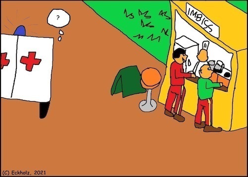 Cartoon: Ohne Worte (medium) by Moppel tagged sanitäter,imbiss,pause,stärkung,rast,essen,patient,notarzt,gesellschaft,rettungswagen,notfall,gesundheit,hunger,imbissbude
