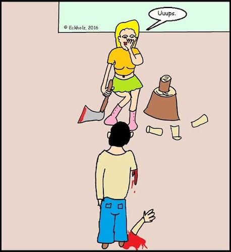 Cartoon: Uups... (medium) by Moppel tagged uuups,angriff,unfall,attacke,axt,mädchen,frau,mann,blut,splatter,holzhacken,verletzung,verwundung