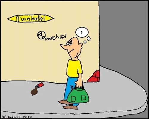 Cartoon: Wegweiser... (medium) by Moppel tagged verwirrung,wegweiser,turnhalle,mann,sport,gesellschaft,irreführung,ziellosigkeit